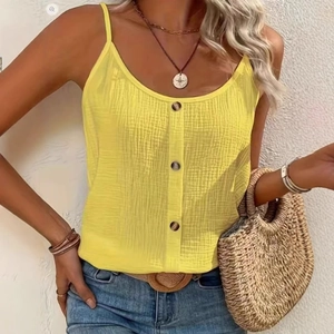 Women's yellow crew neck tank top with button trim and textured fabric for summer casual wear