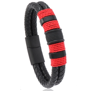 Detail of double-layer black braided leather bracelet with red rope accents and magnetic clasp