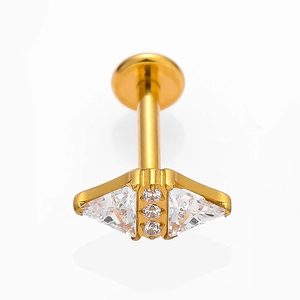 Piercing en titane G23 doré avec zircone cubique claire et design à dos plat pour oreille
