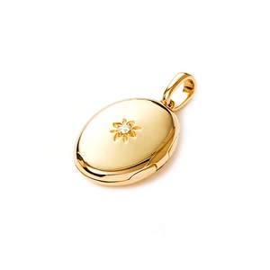 Gold oval starburst locket pendant with white rhinestone and polished mirror finish