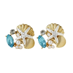 Starfish and shell stud earrings with blue crystals and pearls for women