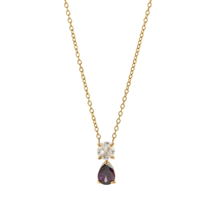 18K gold plated titanium necklace with round clear zircon and purple teardrop pendant