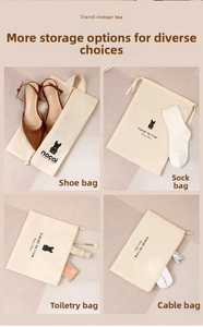 Detail of travel organizer set featuring shoe bag, sock pouch, and digital accessory case