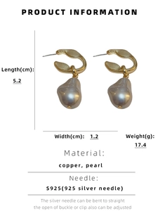 Detail showing 5.2cm length and 1.2cm width of golden metal faux pearl earrings
