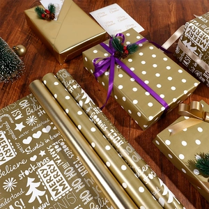 Golden Christmas wrapping paper set with polka dots and Merry Christmas festive prints