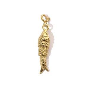 Detailed close-up of a golden fish pendant with scales and a metal spring clasp