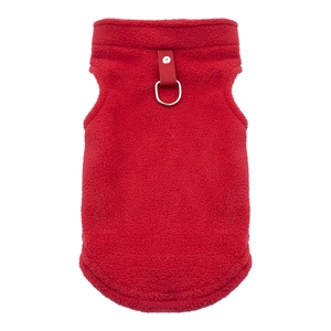 Detail of red fleece dog vest featuring strong metal D-ring and rivet straps