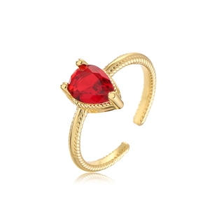 Luxury gold plated open ring with a pear-cut red zircon stone in a minimalist style