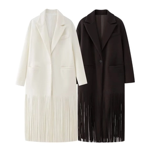 Women's chic street style blazer jacket with long fringe hem in black and white colors