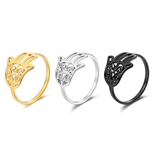 Hamsa Hand stainless steel rings in gold, silver and black finishes with hollow patterns