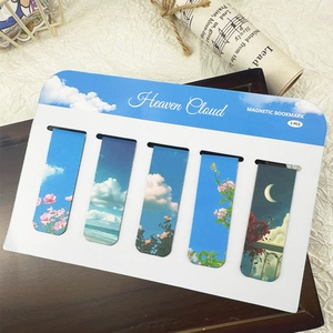 Set of five magnetic bookmarks featuring blue heaven cloudy landscape in a vintage setting