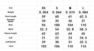 Size chart for vintage organza shirt with lantern sleeves showing XS to L measurements