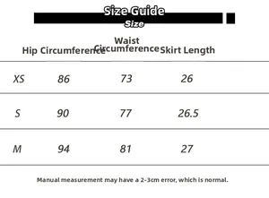 Size chart for low-rise plaid pleated skirt with XS to M measurements in centimeters