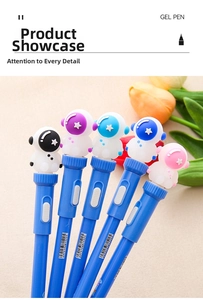 Close-up of five blue astronaut gel pens with multi-colored visors and LED light feature