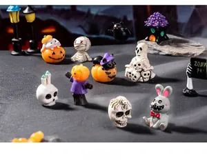 Miniature Halloween resin figurines set featuring pumpkin ghost and zombie rabbit decor