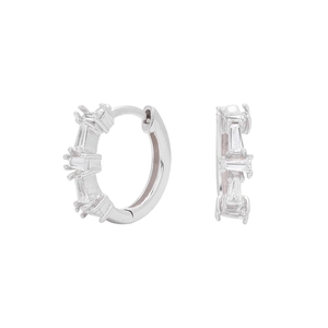 Detailed macro view of S925 silver hoop earrings with rectangular baguette cut zircons