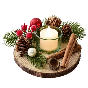 Christmas candle holder with LED light, pine cones, and wood base for festive home decor