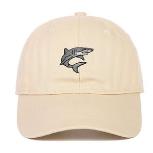 Classic khaki cotton baseball cap featuring detailed shark embroidery and a soft top design