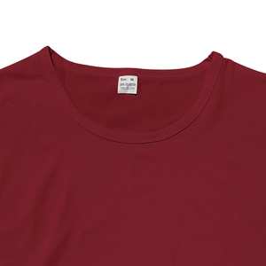 Detail of the crew neck collar and internal size label on a maroon polyester t-shirt