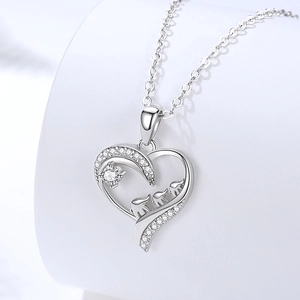 Elegant S925 silver heart necklace with double elephants and sparkling cubic zirconia
