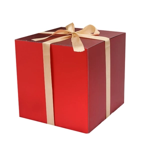 Red Christmas gift box with beige satin ribbon bow isolated on white background