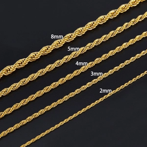 18K gold plated stainless steel rope chains in 2mm to 8mm widths on black background