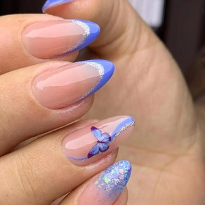Elegant Blue French Almond Press On Nails With Butterfly Pattern And Silver Glitter Shimmer False Nails For Women Manicure Art