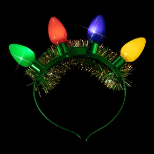 Detailed view of glowing colorful LED bulbs on a festive green Christmas headband