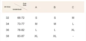 Size chart for lace wireless bra showing UK sizes 32-38 with underbust and cup measurements