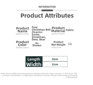 Detailed specifications for fabric Christmas bell pendants featuring reindeer and Santa Claus