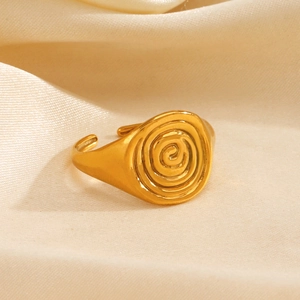 Modern 18K gold-plated stainless steel spiral geometric open ring on satin background