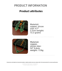 Detailed view of emerald zircon jewelry set with heart wheat ear necklace and earrings