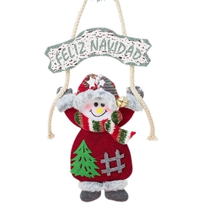 Cute Christmas snowman hanging ornament with Feliz Navidad sign and a golden bell