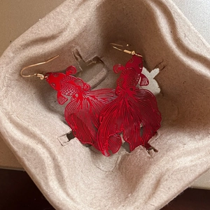 Traditional red koi fish earrings with hollow metal scales for Chinese Hanfu style
