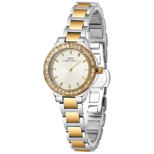 Elegant ladies' gold and silver stainless steel quartz watch with crystal bezel