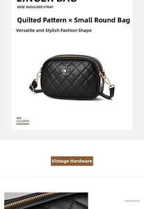 Detail of a black quilted round crossbody bag with metal camellia logo and wide strap