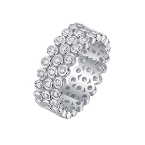 Three-row pavé moissanite S925 silver ring with a polished minimalist aesthetic