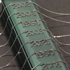 Detailed view of silver stainless steel year pendants with polished finish on jewelry box