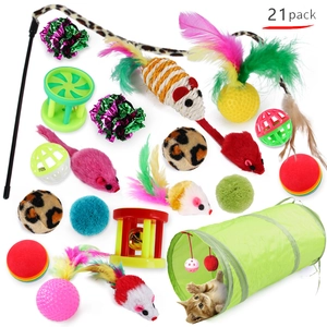 Ensemble détaillé de 21 jouets pour chats avec tunnel, baguette et souris sur fond blanc