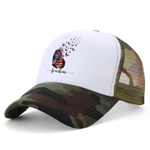 Detail of freedom butterfly print on camouflage trucker hat with breathable mesh back