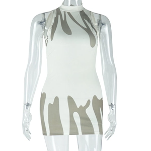 Detail of mock neck sleeveless bodycon mini dress with abstract taupe fluid print