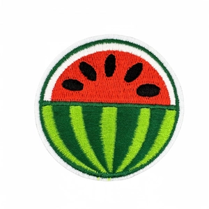 Detailed round watermelon embroidery patch for clothing accessories with red and green threads