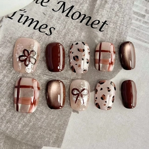Press On Nails Retro Plaid Leopard Print Cat Eye Glitter Floral Bow Short Square Round ABS Plastic False Nails
