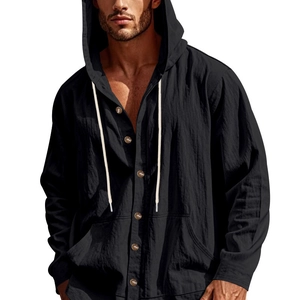 Detail view of black linen hooded shirt with drawstring and premium fabric texture