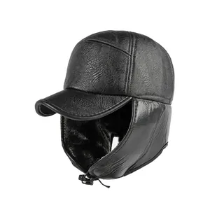 Chapeau d'aviateur noir en cuir PU pour hommes avec doublure chaude et protège-oreilles