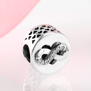 S925 sterling silver infinity charm bead with pavé zircon stones and hollow heart details