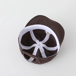 Internal structure of brown baseball cap showing white sweatband and cross webbing