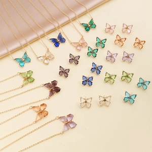 Butterfly Necklace And Stud Earrings Colorful Zircon Alloy Copper INS Style Elegant Fashion Jewelry For Women