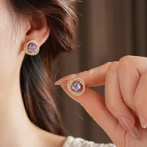 Purple Square Zircon Stud Earrings Gold Plated Copper Geometric With Silver Earring Post Light Luxury For Women