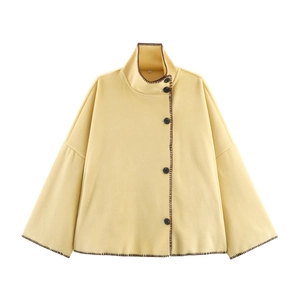 Women French Vintage Woolen Like Cape Coat Stand Collar Flare Sleeve Single Breasted Contrast Stitching Cloak Jacket